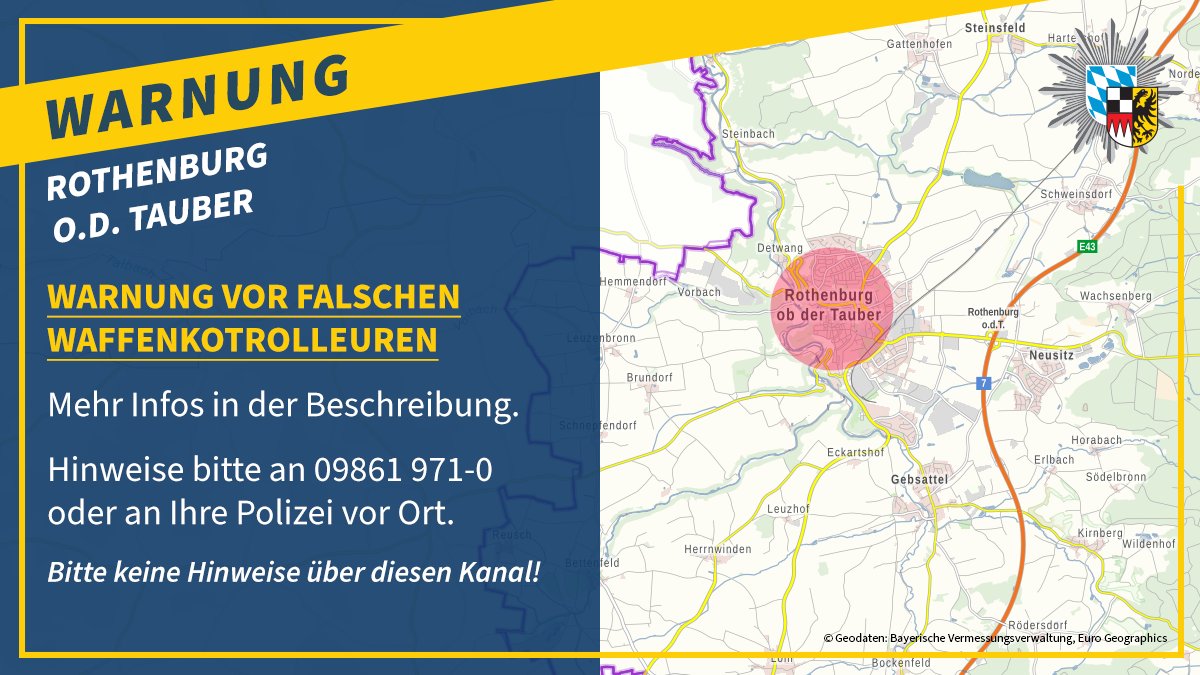 PolizeiMFR's tweet photo. Warnung vor illegalen
#WAFFENKONTROLLEUREN:
Gestern und heute waren im Bereich #Neusitz und #Geslau Personen unterwegs, die sich als Kontrolleure des Landratsamts ausgaben und versuchten, unberechtigt an #Waffen zu kommen.
Eine Aufbewahrungskontrolle findet derzeit nicht statt. https://t.co/bIspI1C2Mc