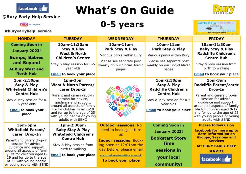 Do you have a child 0-5? This month's Early Years timetable is out now (see below).

Lot's of activities including:
Stay and Play (indoor & outdoor)
Parent & Carer drop-in's 
& Bookstart Story time (coming soon).

To book on indoor sessions, email ccvirtual.sessions@bury.gov.uk