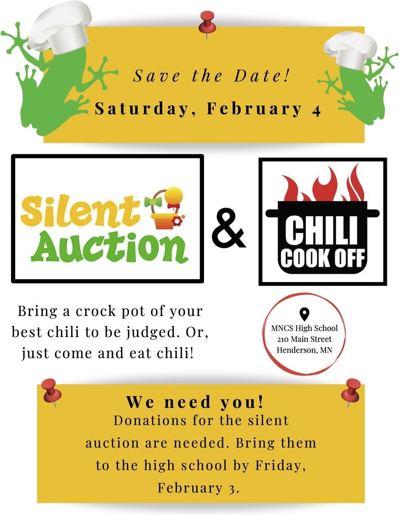 MNCSK12 (@mncsk12) on Twitter photo We are looking for donations for the silent auction that will be happening during our chili cook off Feb 4th. If you have anything to donate please bring it to the high school by Feb 3rd. We are looking for donations for the silent auction that will be happening during our chili cook off Feb 4th. If you have anything to donate please bring it to the high school by Feb 3rd.