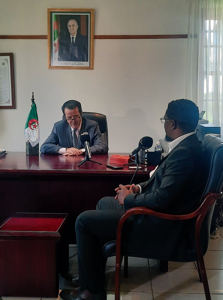 Algeria in South Africa (@algembpretoria) on Twitter photo أجرى اليوم سفير الجزائر ببريتوريا <a href="/EcharifHacene/">Mohammed-Hacene Echarif</a> لقاء مع القناة الجنوب-إفريقية <a href="/SABCNews/">SABC News</a> تطرق فيه إلى العلاقات المتميزة بين 🇩🇿 و 🇿🇦 وسبل تعزيزها في المستقبل.
كما تطرق السفير إلى القرار الذي تم اتخاذه بإطلاق إسم "نيلسون مانديلا" على ملعب براقي الذي سيتم تدشينه في الأيام القادمة. أجرى اليوم سفير الجزائر ببريتوريا <a href="/EcharifHacene/">Mohammed-Hacene Echarif</a> لقاء مع القناة الجنوب-إفريقية <a href="/SABCNews/">SABC News</a> تطرق فيه إلى العلاقات المتميزة بين 🇩🇿 و 🇿🇦 وسبل تعزيزها في المستقبل.
كما تطرق السفير إلى القرار الذي تم اتخاذه بإطلاق إسم "نيلسون مانديلا" على ملعب براقي الذي سيتم تدشينه في الأيام القادمة.