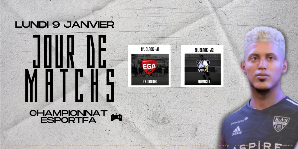 VOC eSport (@esport_voc) on Twitter photo Reprise de l'<a href="/eSportFA_FR/">ESPORT FOR ASSOCIATIONS</a> ce soir !
🏆| EFL Black
🆚| J1 - <a href="/EGAeFoot/">Esport Gaming Arena eFoot</a>
🆚| J2 - @Aquilae_CP
#AllezLeVOC⚫️⚪️
<a href="/VOC_officiel/">Vannes Olympique Club</a> Reprise de l'<a href="/eSportFA_FR/">ESPORT FOR ASSOCIATIONS</a> ce soir !
🏆| EFL Black
🆚| J1 - <a href="/EGAeFoot/">Esport Gaming Arena eFoot</a>
🆚| J2 - @Aquilae_CP
#AllezLeVOC⚫️⚪️
<a href="/VOC_officiel/">Vannes Olympique Club</a>
