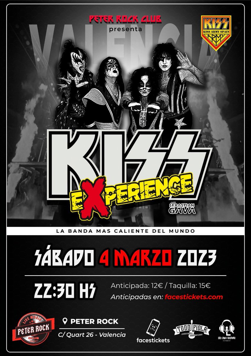 👉ATENCION VALENCIA!!! 👈
🔥 Sábado 4 de marzo de 2023 -KISS EXPERIENCE- El mejor Tributo a KISS de Europa!!!
🔥Sábado 4 de marzo Valencia
  22:30 hs. Sala PETER ROCK🎸 🎸🎸
  VENTA DE ENTRADAS EN OFERTA LIMITADA + INFO EN EL LINK:
facestickets.com/producto/kiss-…