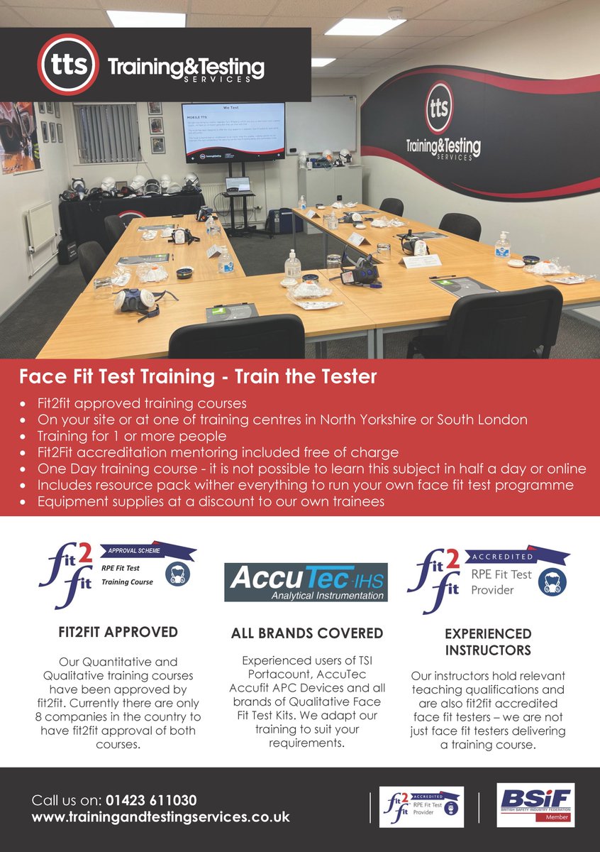 Our Training and Testing Services (TTS) instructors hold relevant teaching qualifications and are also fit2fit accredited face fit testers – they are not just face fit testers delivering a training course.

1 only 8 training companies approved by fit2fit for both methods #fit2fit