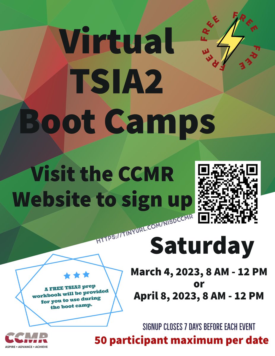 Looking for SAT or TSIA2 test prep? Check out these FREE, virtual bootcamps! Visit the CCMR website to sign up! tinyurl.com/nisdccmr