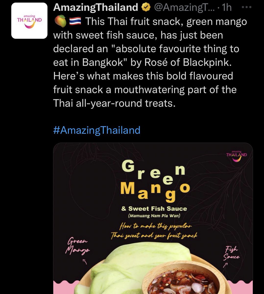 BLACKPINKCNTRAL's tweet photo. #ROSÉ and her love of green mango and sweet fish sauce has been mentioned by the Tourism Authority of Thailand and Thai news media. Thai local shops are also using her photos on their advertising banners to sell the mango 🥭🐟🫙🥹✨@BLACKPINK https://t.co/ubKHv1tj0E