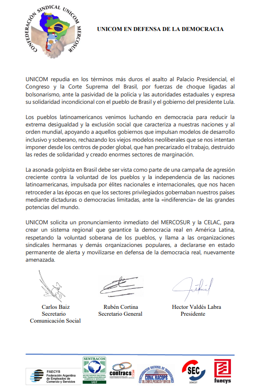 ceco_olav's tweet photo. UNICOM EN DEFENSA DE LA DEMOCRACIA

Como parte integrante del secretariado de UNICOM, compartimos el comunicado de repudio ante el ataque a la democracia en Brasil. https://t.co/3rwkSqmsia