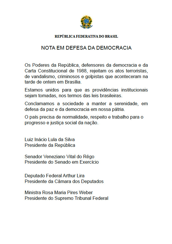 Nota em defesa da democracia dos presidentes da República, Senado em Exercício, Câmara dos Deputados e Supremo Tribunal Federal