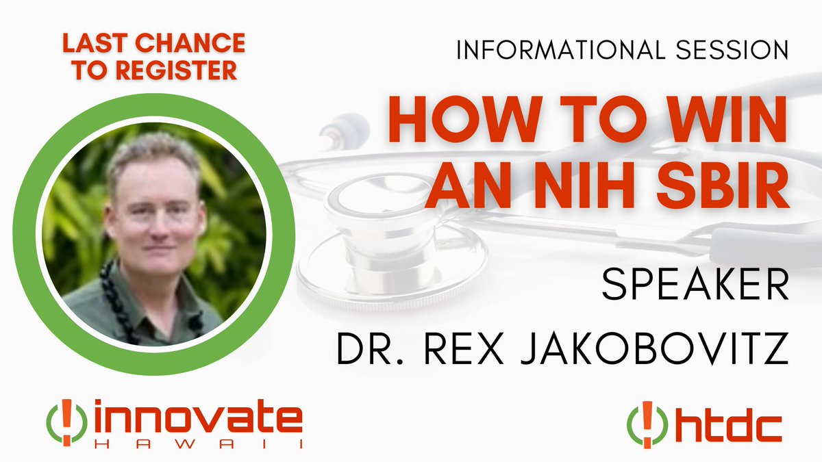 HTDCorg's tweet photo. Last Day to Register for “How to Win a NIH SBIR” webinar tomorrow at 9am HST.
Get insight into the review process & some insider tips and tricks to create a successful application & maximize your chances of success. Registration closes at 5:00pm https://t.co/xMm7RXrcOb #HTDC https://t.co/p8SAm320RP