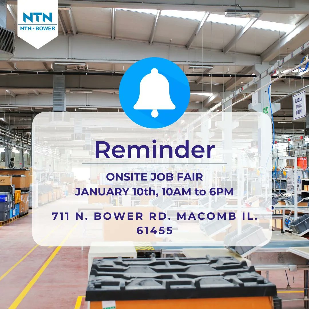 NTNBower's tweet photo. Reserve your spot today, for the hiring event tomorrow! Can't wait to see you there!

#NTNBower #macombil #macomb #macombillinois #manufacturing #hiringevent #jobfair #careerfair #nowhiring https://t.co/krLQvxkrFN