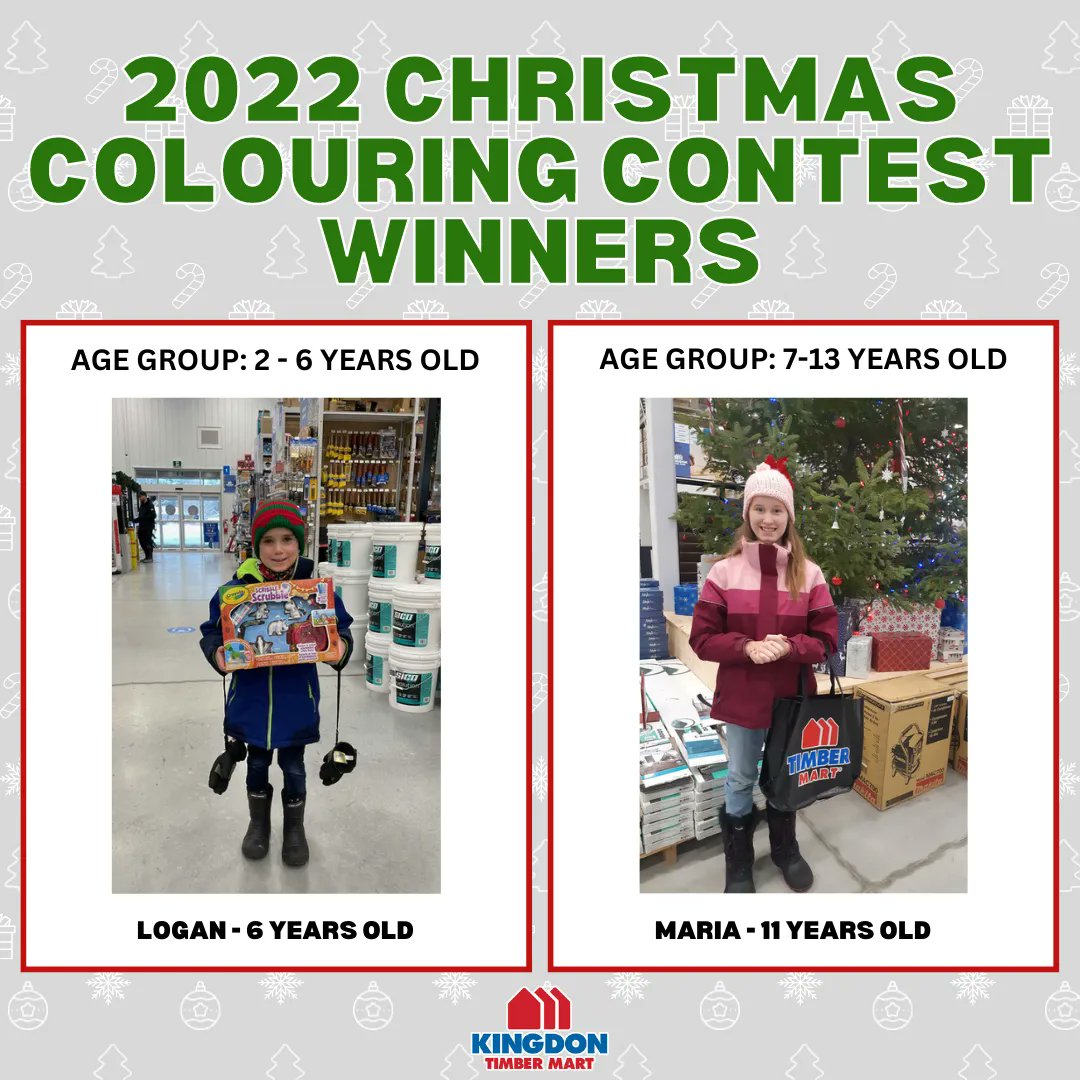 KINGDON_LUMBER's tweet photo. Congratulations to our 2022 Christmas Colouring Contest winners, Logan (6yrs) and Maria (11yrs)! Great work to everyone that entered in the contest. We had an awesome turn out with over 30 entries!
#kingdontimbermart #christmas #colouringcontest #diy #hardwarestore https://t.co/RuvI4P3svF
