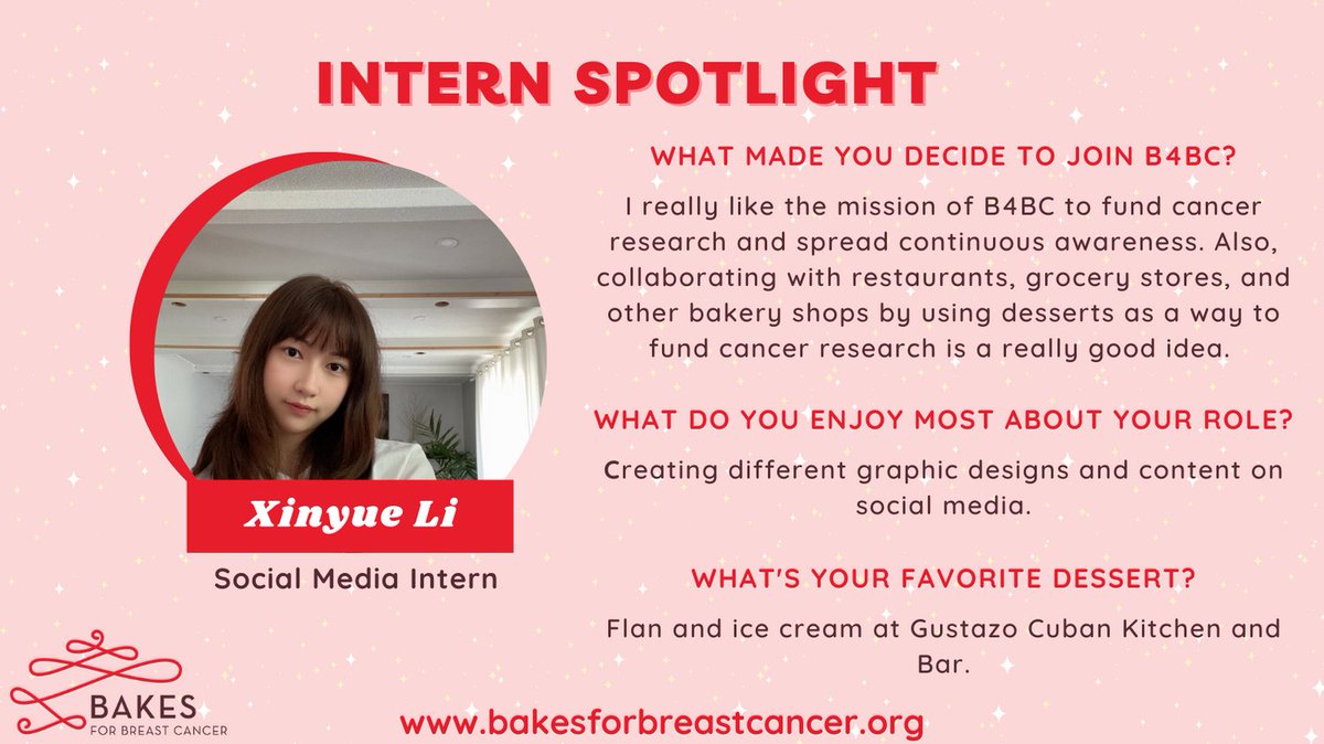 For this week's intern spotlight, we're showcasing Xinyue Li, our social media intern! Xinyue is a grad student at Boston University majoring in global marketing management.

#nonprofit #breastcancer #spotlight #intern #B4BC #college