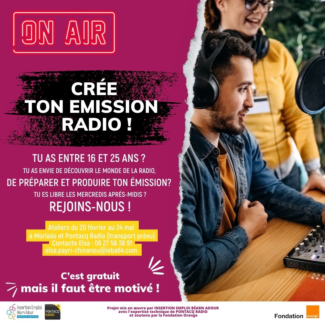 Tu as entre 16 et 25 ans et tu es passionné par les techniques numériques et la création de contenu. Ce projet est pour toi ! 
Contacte Insertion Emploi Béarn Adour à Morlaàs.