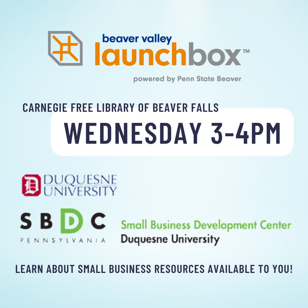 THIS WEEK: #LaunchBox Partner Spotlight 💡

Join us at the Carnegie Free Library of #BeaverFalls this Wednesday from 3-4 p.m. to get connected with an awesome resource for entrepreneurs: <a href="/duquesnesbdc/">Duquesne University SBDC</a>! 

⁠#BeaverCountyPA #InventPennState #DuquesneUniversity