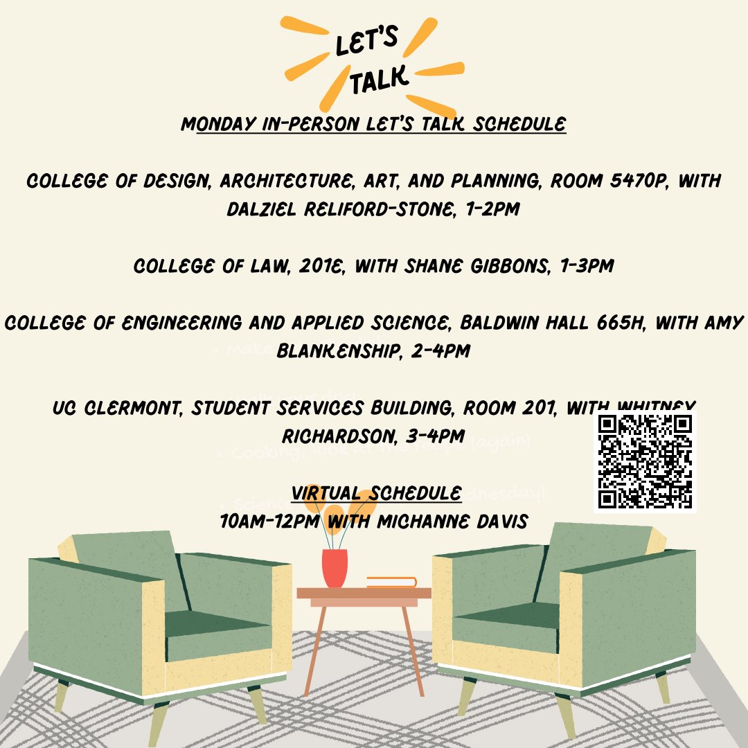 Let's Talk is back! We've expanded our drop-in and virtual availability for this semester. Swipe through to learn more about Let's Talk and to see today's drop-in and virtual availability. Click here to learn more about Let's Talk: bit.ly/3dpAe89