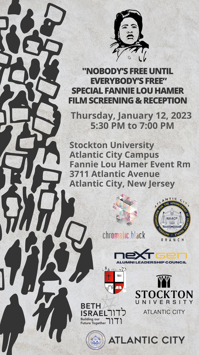 SPECIAL FANNIE LOU HAMER
FILM SCREENING &amp; RECEPTION

Thursday, January 12, 2023
5:30 PM to 7:00 PM

Stockton University
Atlantic City Campus
Fannie Lou Hamer Event Rm
3711 Atlantic Avenue
Atlantic City, New Jersey 

Please share!