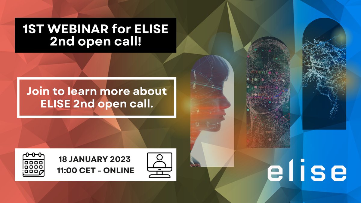 LITAILab's tweet image. ELISE 2nd Open Call
Jan 18th 2023 at 11:00 CET, ELISE will hold a webinar for the 2nd open call.
Are you an SME developing AI applications or services? This webinar is for you!
Register: bit.ly/3uWoK15
assistance: info.elise@fundingbox.com #Horizon2020 #AI #AIforSME