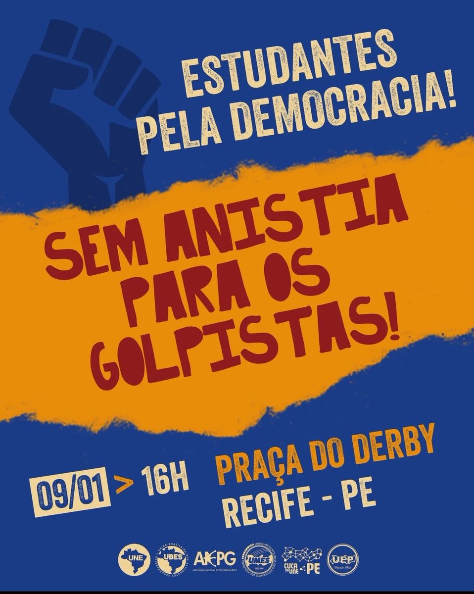 DCEdaUPE's tweet photo. SEM ANISTIA PARA OS GOLPISTAS! ✊🏽🇧🇷

Vamos às ruas responder ao golpismo dos terroristas e defender as liberdades democráticas, a soberania do voto popular e os interesses dos estudantes e do povo brasileiro!

O ato será hoje, 09/01, às 16h, na Praça do Derby. https://t.co/7A70cuHaIF
