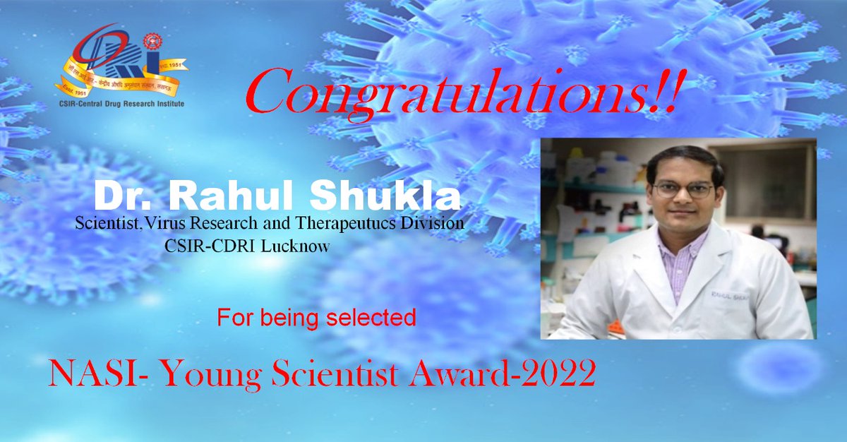 CSIR_CDRI's tweet photo. Congratulations #DrRahulShukla for #NASIYoungScientistAward2022 
@CSIR_IND @IndiaDST @DBTIndia @DrJitendraSingh @DrNKalaiselvi @VigyanPrasar @PIB_India https://t.co/K8qM9hGVkk
