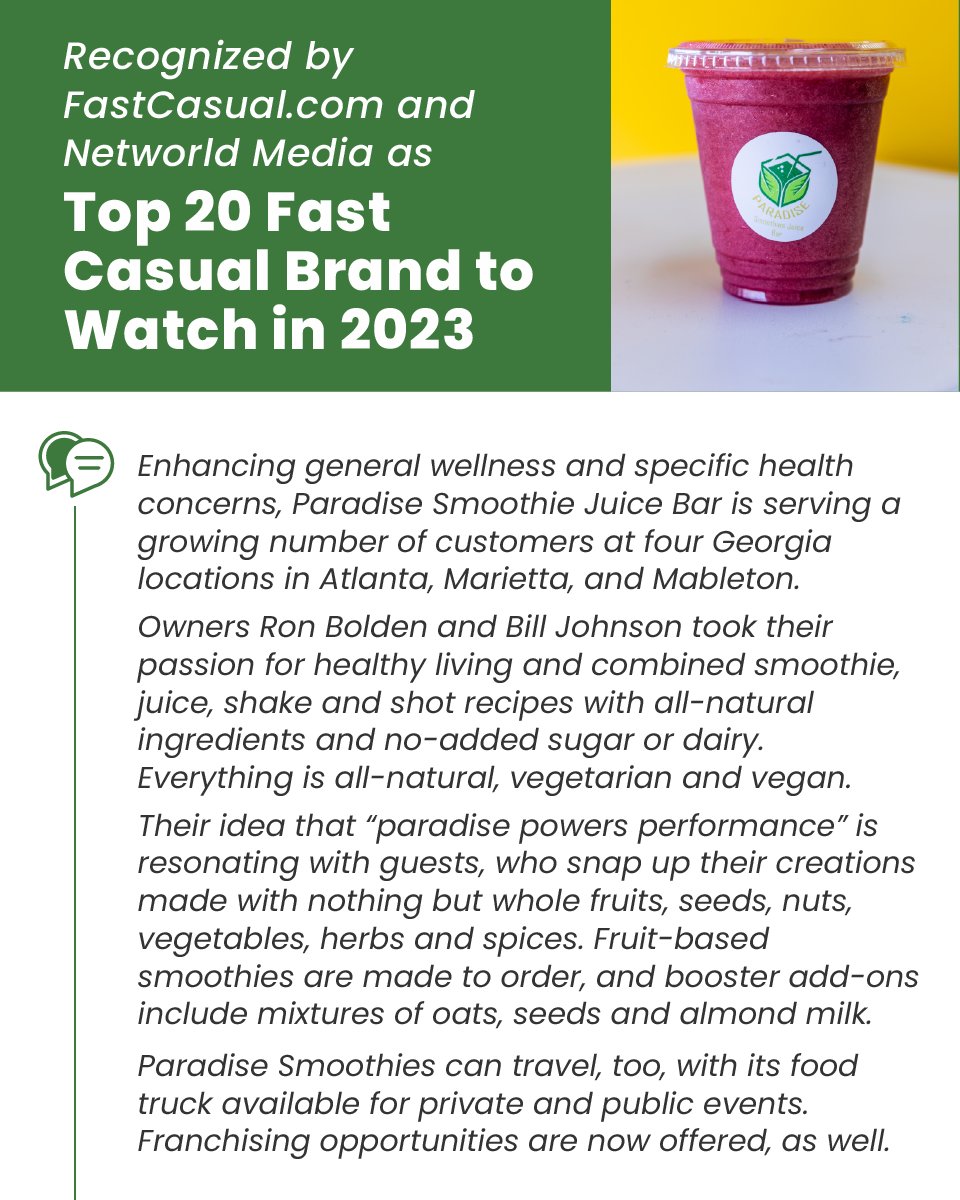 psjbfranchising's tweet photo. We're honored to be featured in the 2023 20 Fast Casual Brands to Watch report by https://t.co/F98IfdAFb8 and Networld Media! To read the full article, click the link: https://t.co/Gn2BOpToTb. #ParadiseSmoothieJuiceBar https://t.co/L1CIMSWBUr