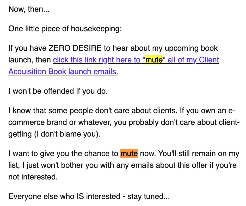seedoilbeliever's tweet photo. How to ethically get sales from people who told you:

"Sorry I'm not interested in this offer
If u don't mind, could u please leave?"

In email marketing, u can get people to politely decline your offer without unsubscribing using mute links

But how to make money from them?

🧵 https://t.co/wyBb2RouT8