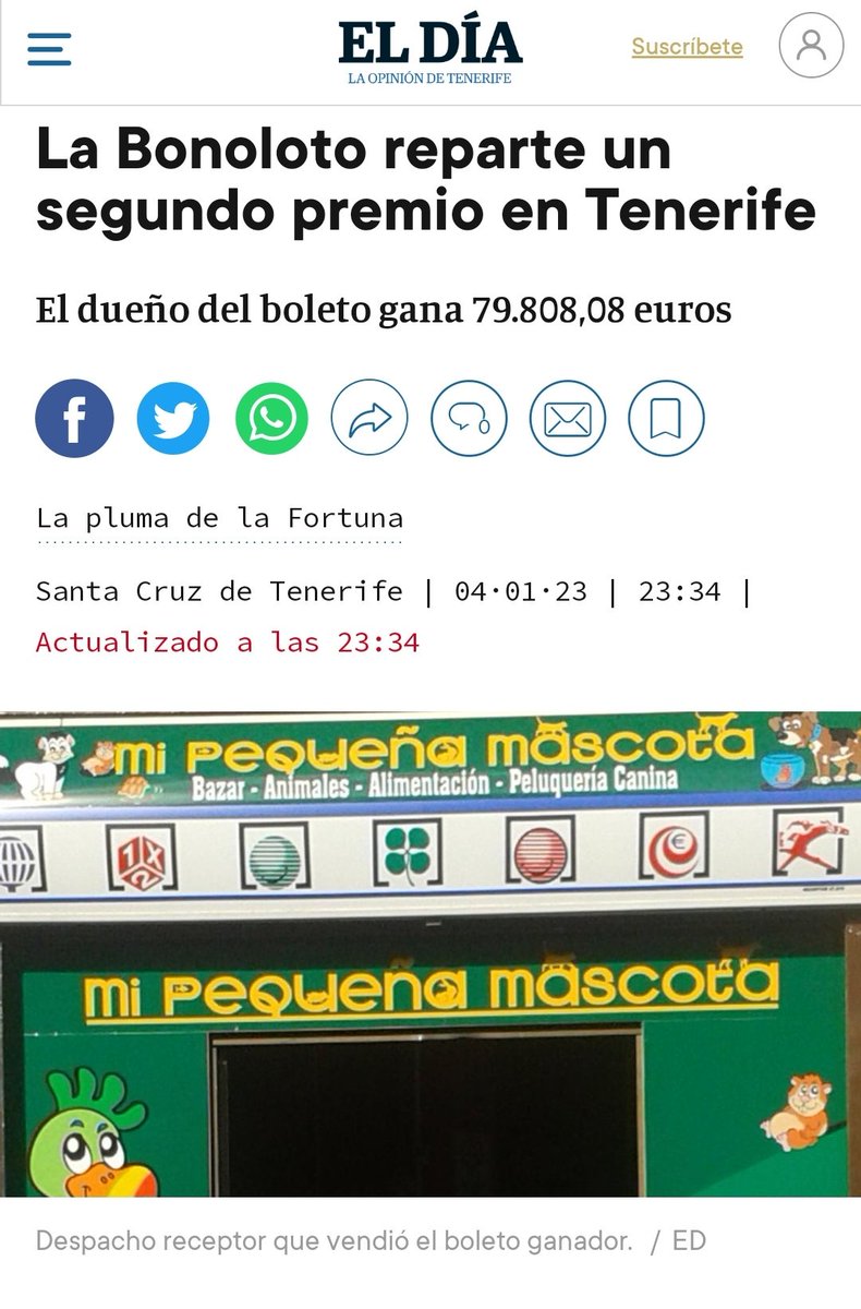 RubenBM89's tweet photo. El miercoles 4 de Enero dimos el segundo premio de la bonoloto (79.808€) en Loterias El Siete, Santa María, Tenerife.

El periodico @eldia se hace eco de la noticia (Gracias, supongo.) Poniendo una foto de un negocio que no existe hace mas de 7 años. #periodismo https://t.co/FclLFHuHgg