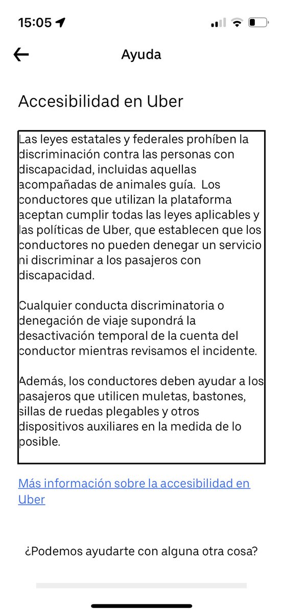 Siguiendo con el tema de mi tuit anterior, Aquí os facilito un fragmento sobre la política de accesibilidad en <a href="/Uber_ES/">Uber España</a> el cual por supuesto no cumplen ni un 2 × 100. Seguimos.