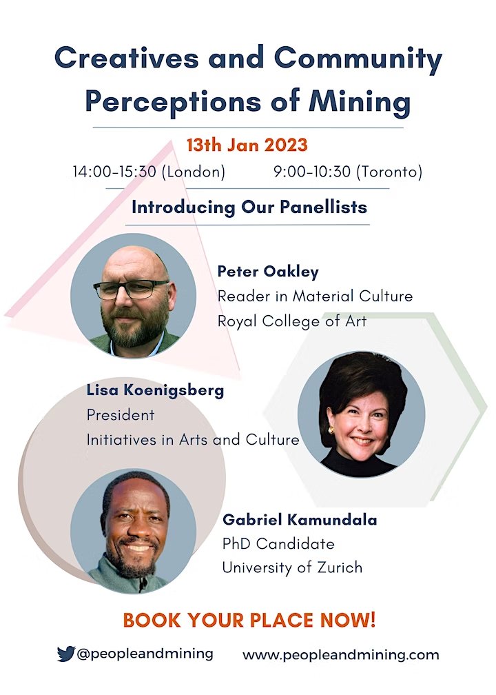 🎨⛏️How are #art and #mining connected? 
Looking forward to chairing this panel 'Creatives and Community Perceptions of Mining' this Friday 13th Jan. with <a href="/peopleandmining/">People and Mining</a> <a href="/PactWorld/">Pact</a> <a href="/RCA/">Royal College of Art</a> <a href="/ArtInitiatives_/">Initiatives in Art and Culture</a> <a href="/EarthSynergists/">Deep Earth Synergies</a> 
Book your place now to join: eventbrite.co.uk/e/people-and-m…