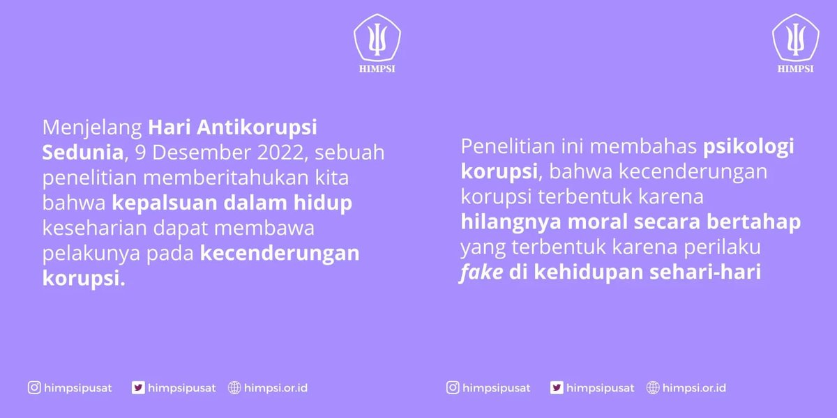 himpsipusat's tweet photo. Berdasarkan penelitian, kepalsuan dalam hidup dapat membawa ke perilaku korupsi.
Yuk..kita pahami lebih lanjut.
#HIMPSI
#HIMPSIPUSAT
#BerkaryaUntukBangsa https://t.co/Ux5hM5zRu6