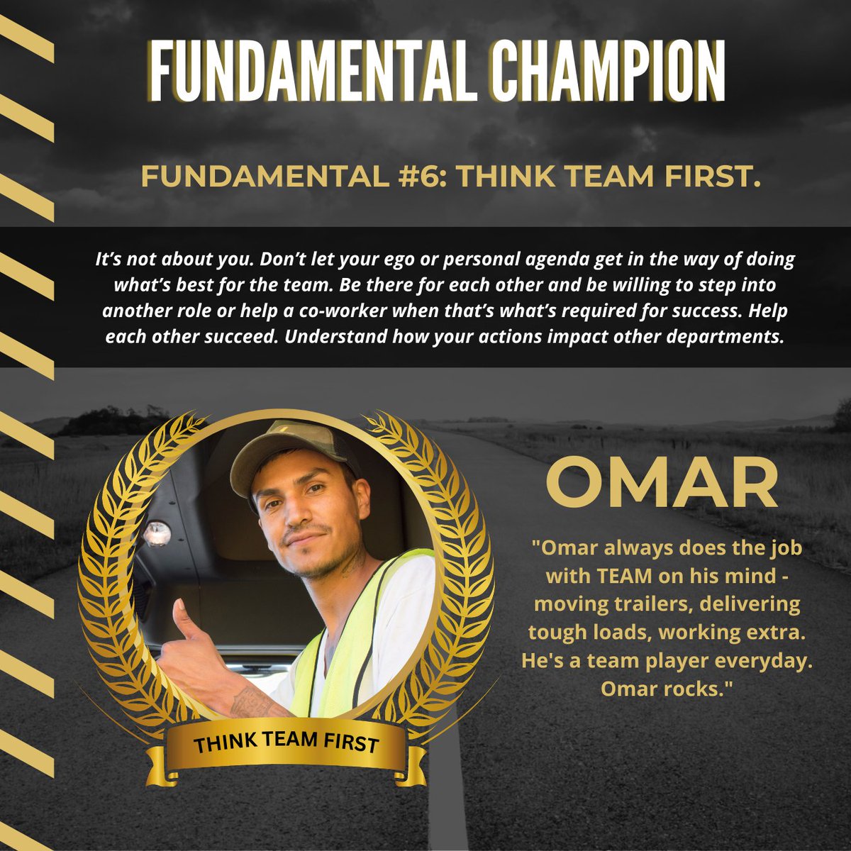 VerihaTrucking's tweet photo. π£ Way to go OMAR! π "Omar is the epitome of a company driver. He is always looking out for the best interests for the company over is own personal interests."
FUNDAMENTAL #6: THINK TEAM FIRST. π
Say congratulations to Omar below β¬οΈ
#Verihatrucking #Truckingindustry #Verihavip https://t.co/qdUybSP51P