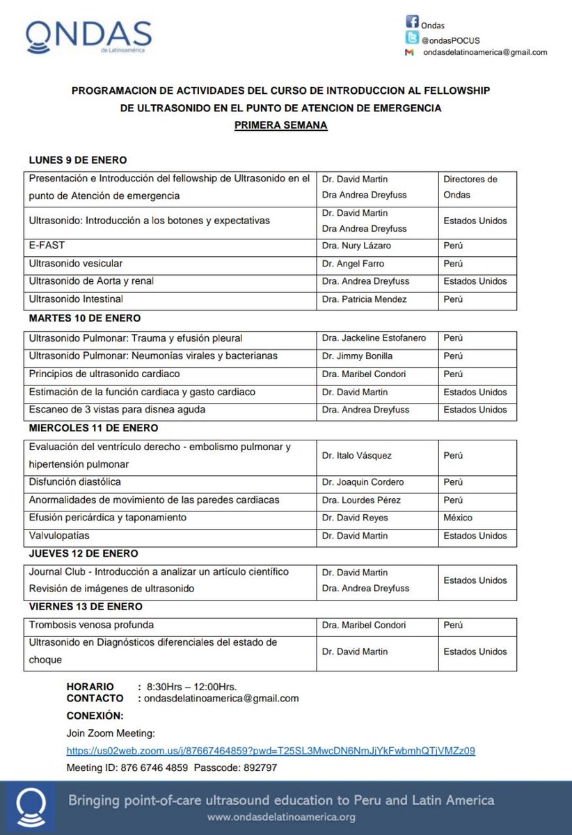 ondasPOCUS's tweet photo. UPA Bootcamp, empieza hoy!
Del 9 al 18 de Enero, transmitiremos clases teóricas de ultrasonido via zoom para que puedan acompañar a nuestros nuevos fellows en sus actividades.  
Join Zoom Meeting https://t.co/9Gks2B4ue8...
Meeting ID: 876 6746 4859
Passcode: 892797 https://t.co/Z9rlRiYHO0