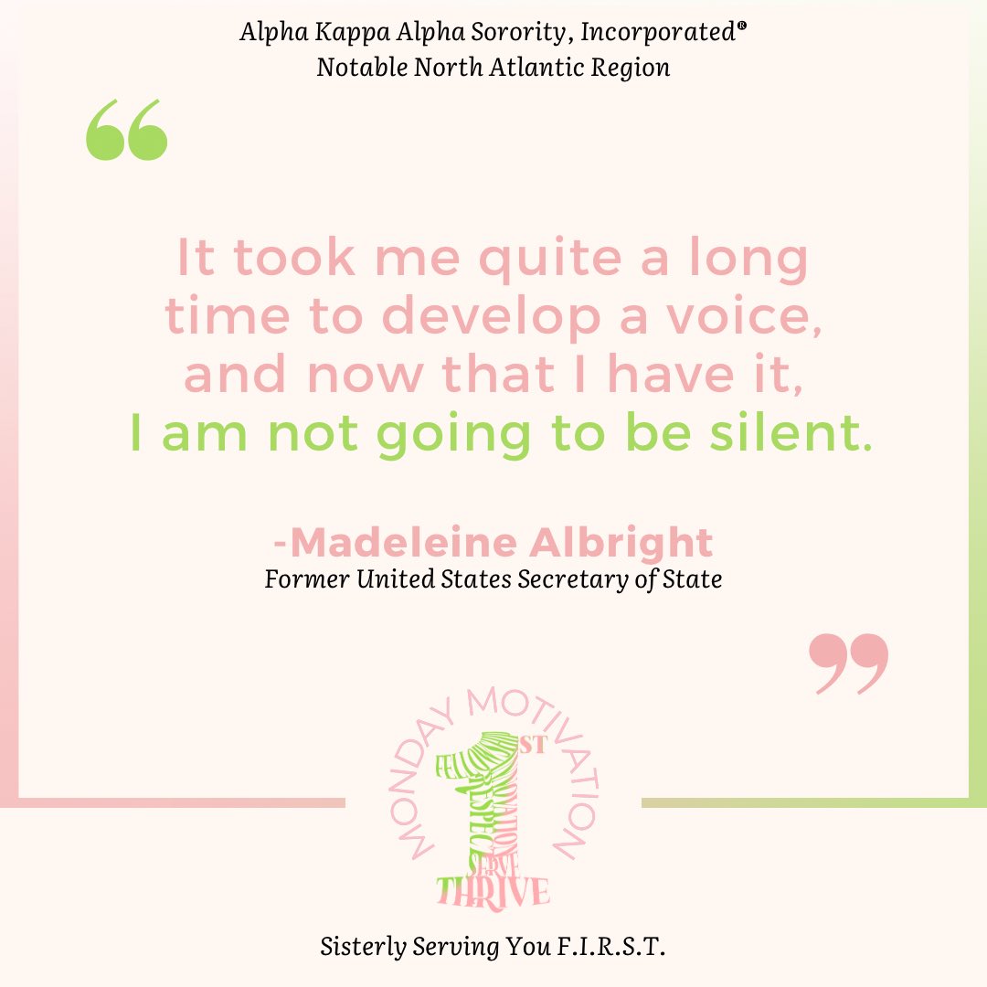 Happy Monday! Your voice, Is your freedom! Never dim your light, never silence your voice! 

#MondayMotivation #aka1908 #akanar1908 #nar1908 #soaringwithaka #sisterlyservingyoufirst #MadeleineAlbright
