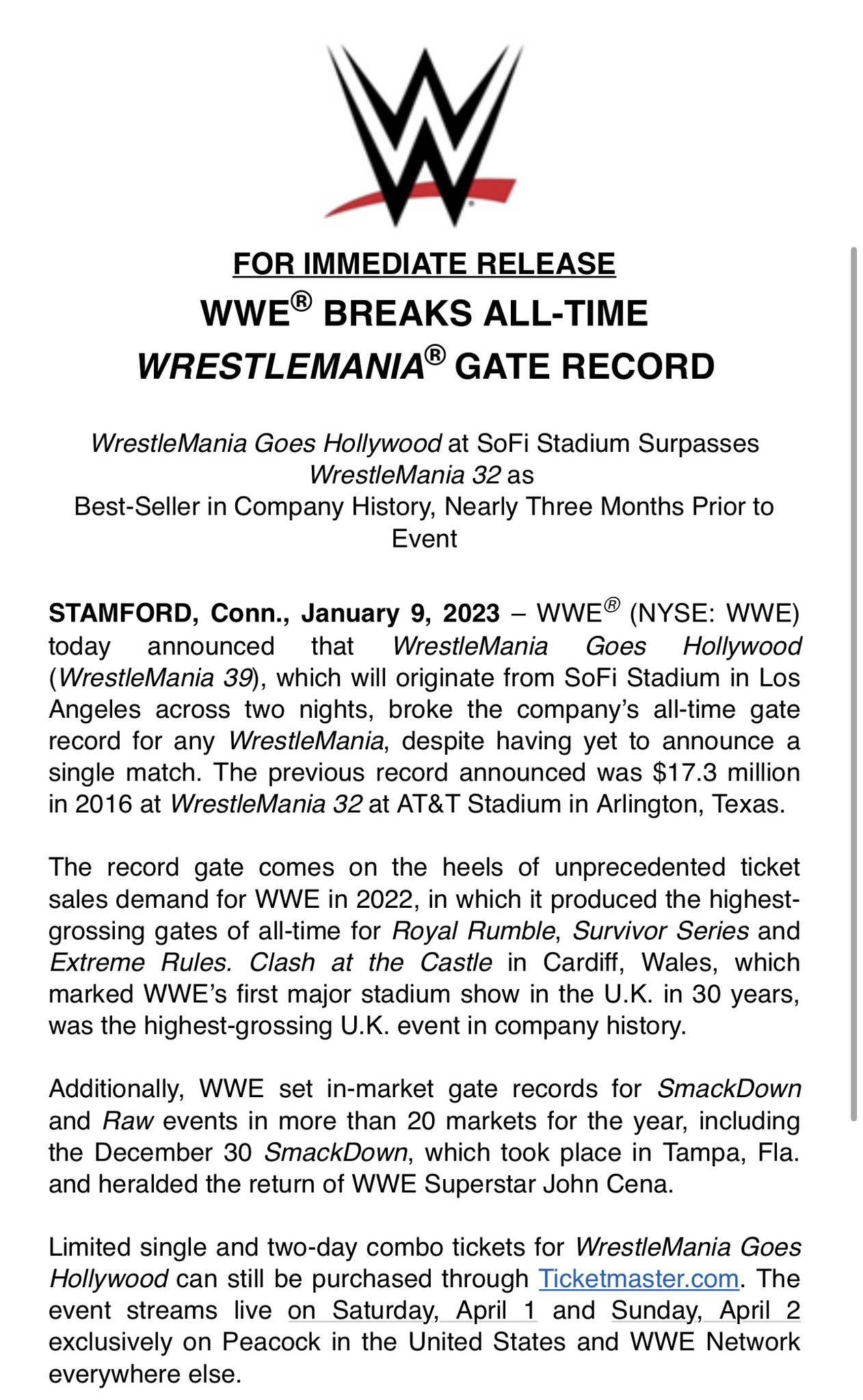 WWE WrestleMania 39 Breaks First Day Sales Records