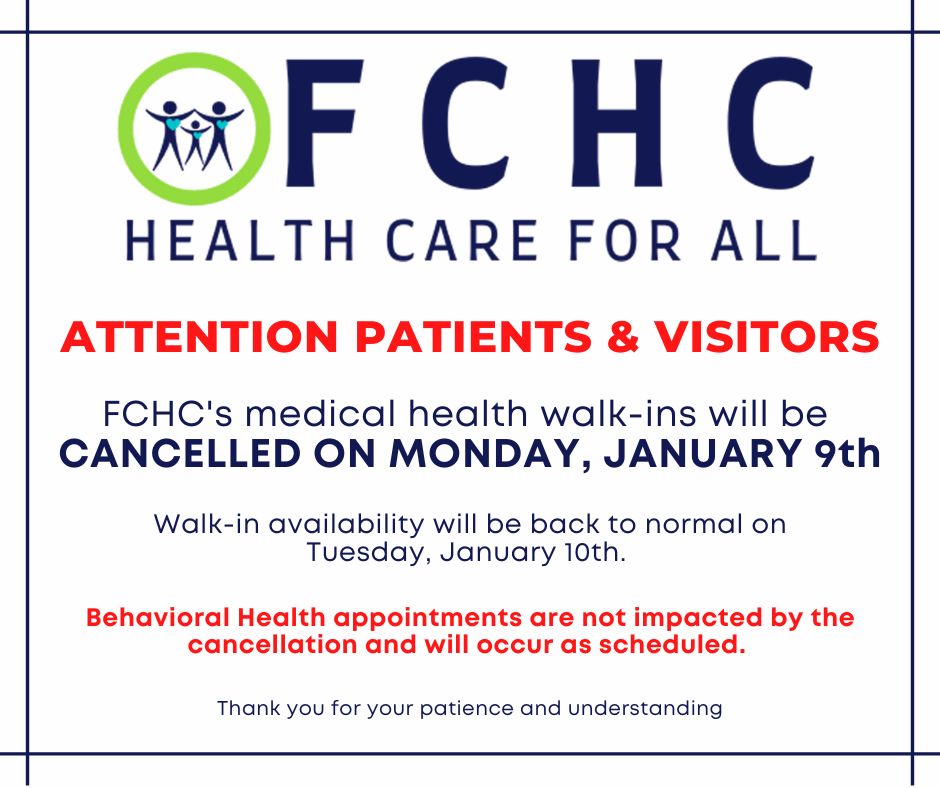 WeAreFCHC's tweet photo. ATTENTION: FCHC's walk-in clinic will be canceled on Monday, January 9th. We will resume walk-ins at 4:30 pm on Tuesday, January 10th. 

Behavioral Health appointments are not impacted by the cancellation. 

Thank you! https://t.co/kgJPz31GYP
