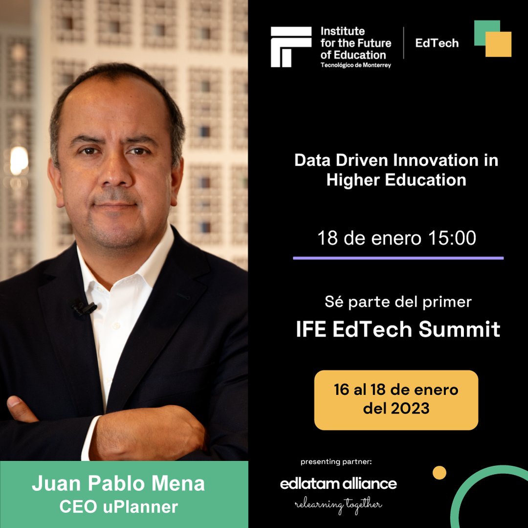 Este 18 de enero, nuestro CEO será parte del primer IFE EdTech Summit, organizado por el Institute for the Future of Education del Tecnológico de Monterrey. 

Los invitamos a inscribirse en el evento aquí👉 bit.ly/3jTtO4d