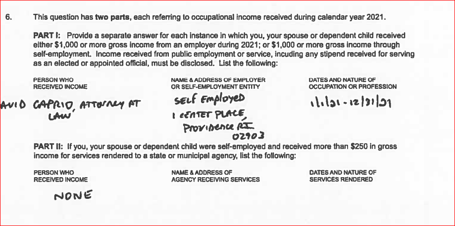 Former Rep. David Caprio, the McKee-appointed chair of state's higher-ed bd, acknowledged on <a href="/GeneValicenti/">Gene Valicenti</a>'s WPRO show he made previously little over $100K a year in previously undisclosed $ from his father's "Caught in Providence."
Disclosure filing he gave Senate last spring: