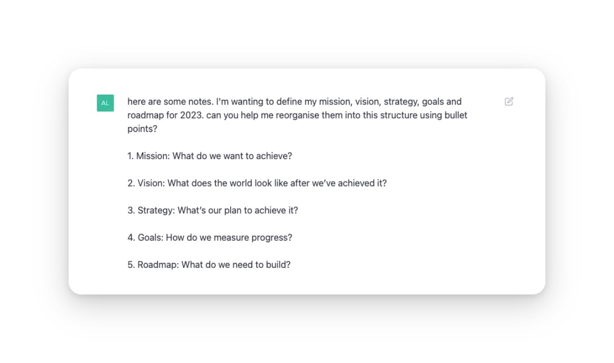thealexbanks's tweet photo. 1/ Organise your notes

In my opinion, this is a hidden gem.

Paste in your disorganised thoughts, quotes and ideas.

Let ChatGPT sort your writing into topics and themes.

This will save you hours spent refining or distilling. https://t.co/OzUtggbIMp