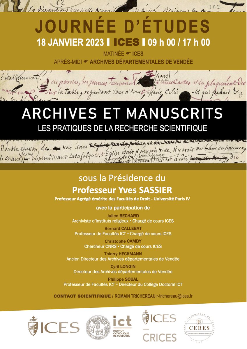 Cette journée d’études, destinée aux étudiants en sciences historiques, a pour objectif de mettre en lumière, à travers l’expérience de chercheurs, les conditions de découvertes des sources historiques anciennes. 
<a href="/ICT_Toulouse/">ICT Toulouse</a> 
Archives <a href="/DepVendee/">Département Vendée</a> 

ices.fr/evenements/jou…