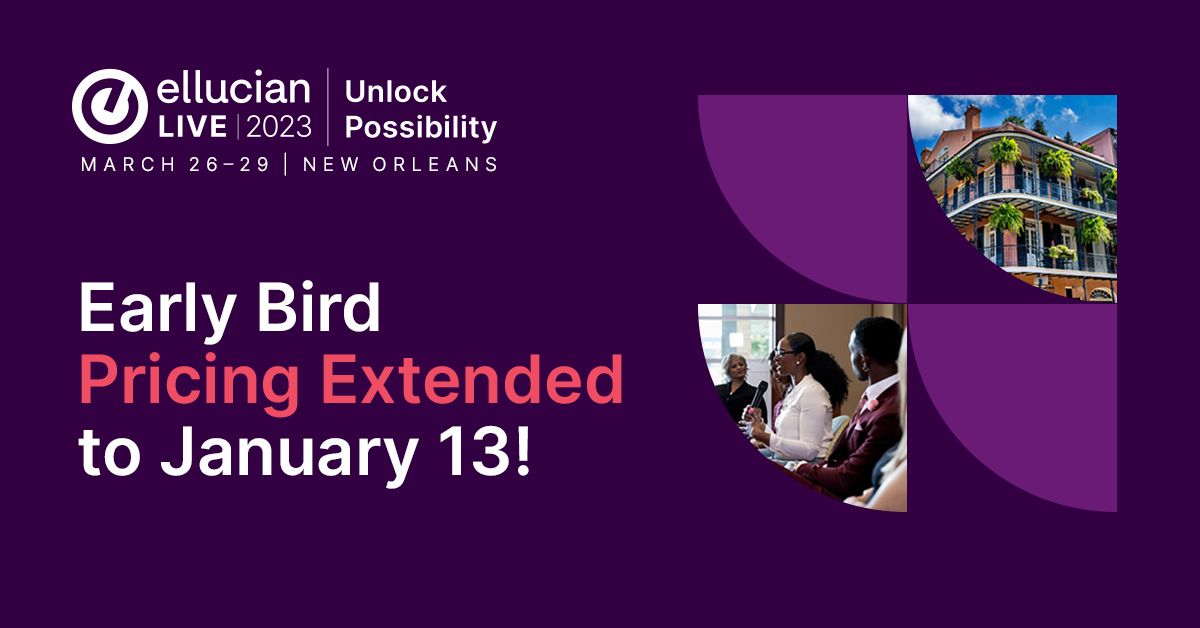 EllucianInc's tweet photo. 📣 Ellucian customers, we’ve extended Early Bird pricing for #elive23 tickets until midnight this Friday — get yours before they sell out! Details: https://t.co/0hDVC5MZNv

#highered #innovation #edleadership #studentsuccess #digitaltransformation https://t.co/A9ClbnScLt