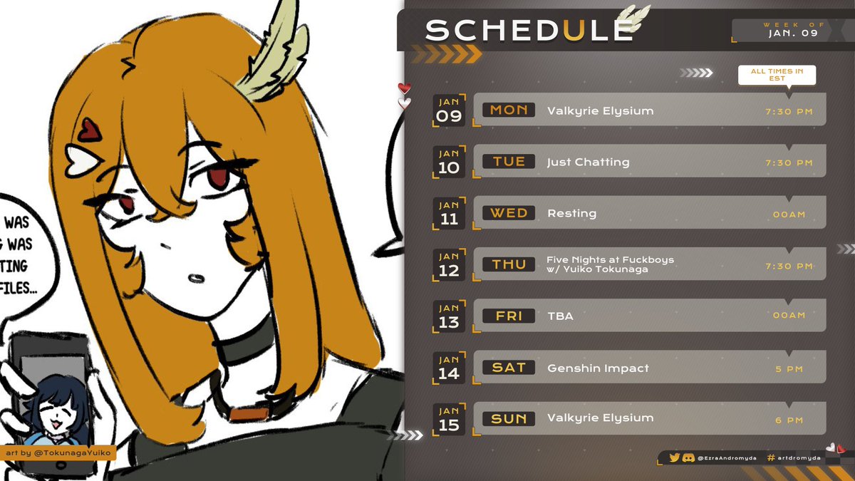 EzraAndromyda's tweet photo. Schedule time! Now that things have calmed down, I'm back to streaming most of the week!!
Live: #EzraLive & #WhatTheBirbDoin
Art: #artdromyda
Meme: #andromymes
NSFW: #ezr18
Oshi Marks: ๐ฆโฑ๏ธ
Fan-name: Pit Crew
#VTuberEN #VtubersUprising #Vtuber #nonbinary #RCEntropy https://t.co/1HnqlmCd7E