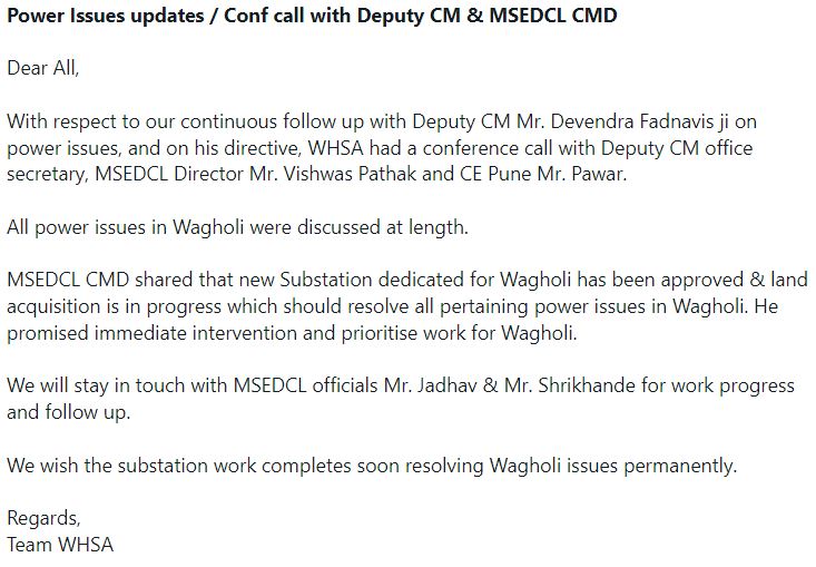 WagholiHSA's tweet photo. **Power issues updates**

With respect to our continuous follow up with Deputy CM Mr. Fadnavis ji on power issues, &amp; on his directive, WHSA had a conference call with DCM office secretary, MSEDCL Director Mr. Vishwas Pathak ji &amp; CE Pune Mr. Pawar

@Dev_Fadnavis @CMDMSEDCL @MSEDCL https://t.co/vhk81saA47