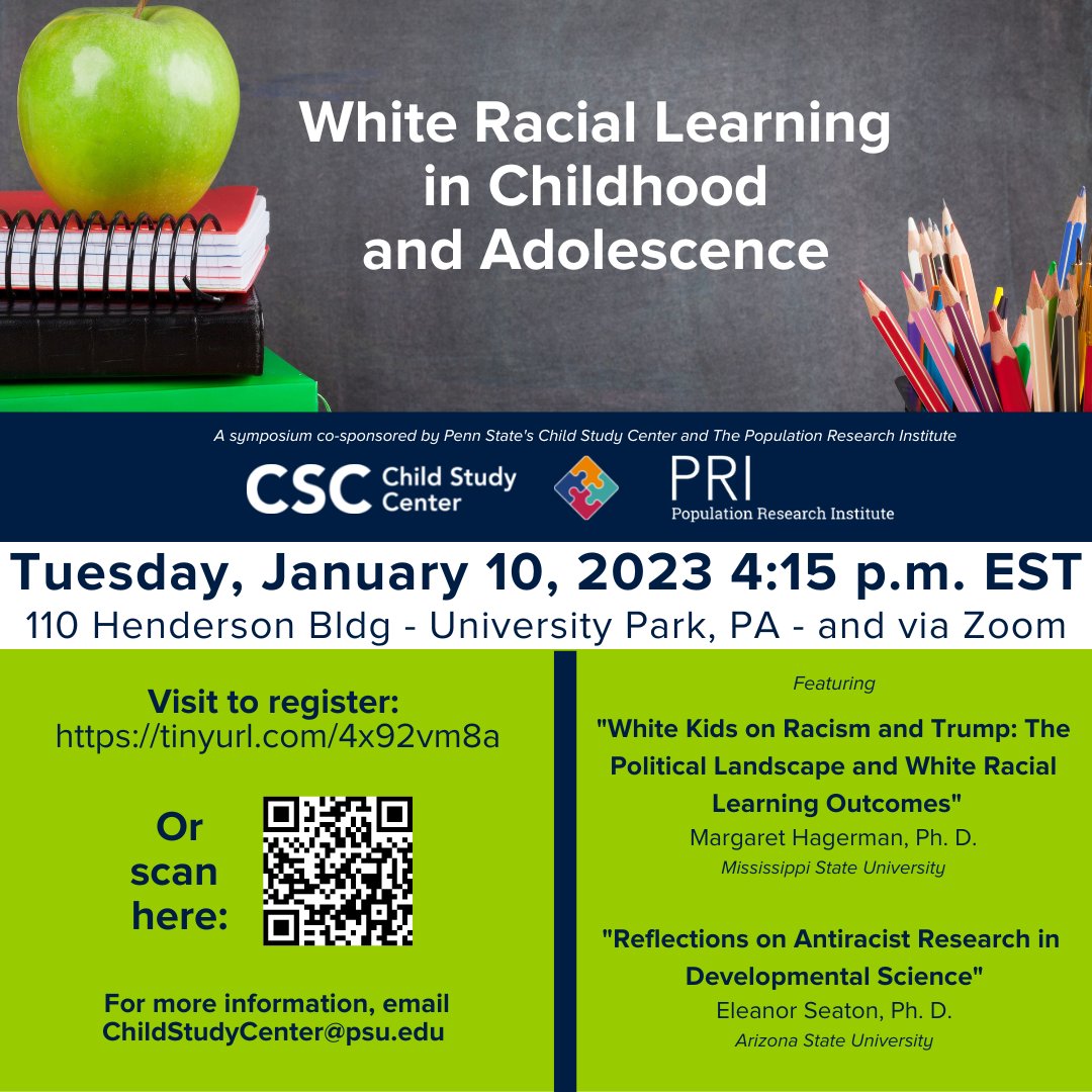 Please join us tomorrow as we welcome Dr. Margaret Hagerman and Dr. Eleanor Seaton. @psupopresearch @PSUPsychology @PSULiberalArts