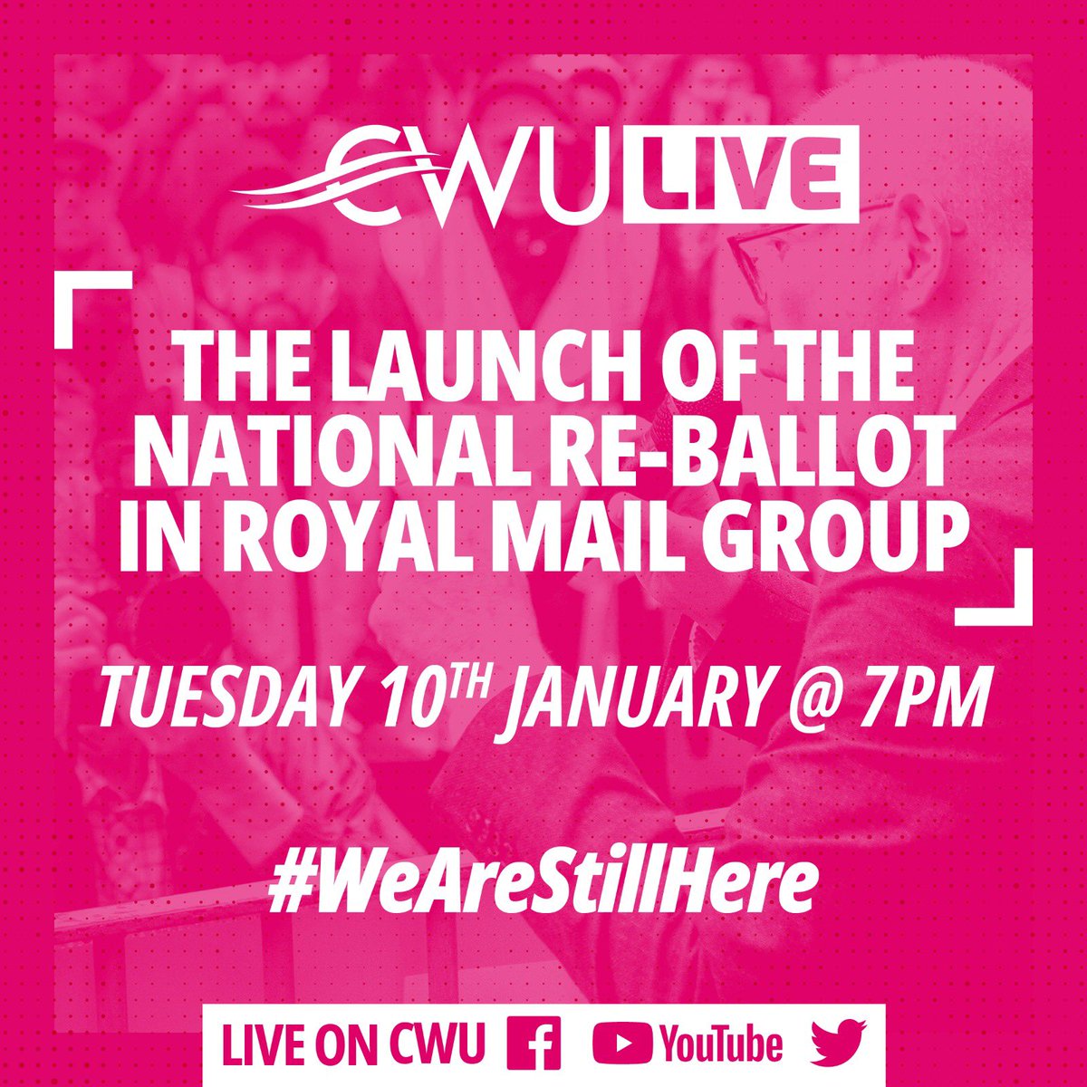 Due to the anti-union laws, we have to renew our mandate in the Royal Mail Group dispute. 

Join us tomorrow at 7pm as we launch the timetable and campaign for the re-ballot. 

#WeAreStillHere #ymaOhyd