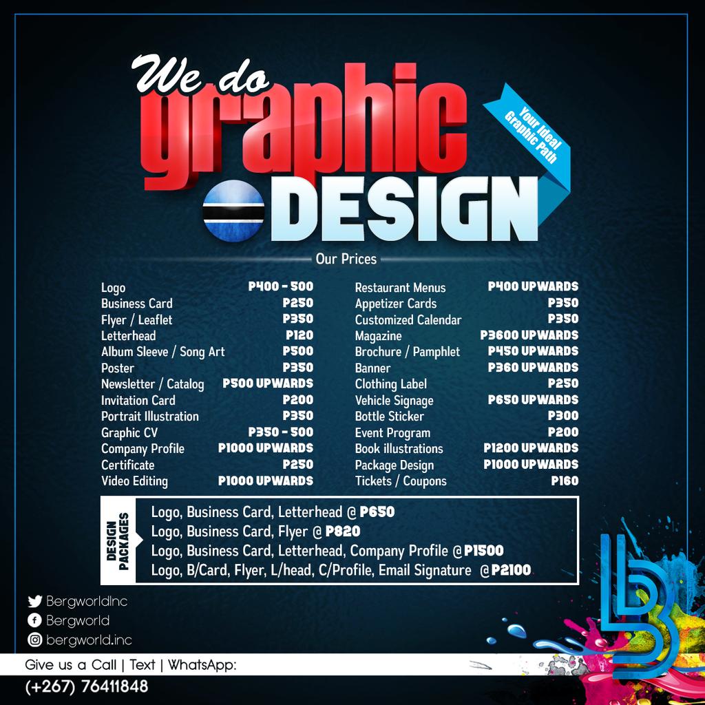 BergworldInc's tweet photo. Compliments of the new year. We hope to service you better and efficiently this year!ππΎππΎ
Check out some design discounts we have to kick off 2023.ππ
#GraphicDesignDiscounts
#PushBW
#BotswanaGraphicDesigner
#HappyNewYear2023 https://t.co/NOUjhaSMLA