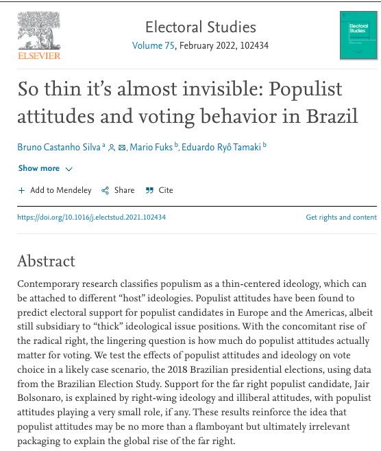 Want to understand the role of populism in the Brazilian insurrection against liberal democracy? 

Here's an interesting study...illiberal attitudes fueled Bolsonaro's support more than populist rhetoric per se...

doi.org/10.1016/j.elec…