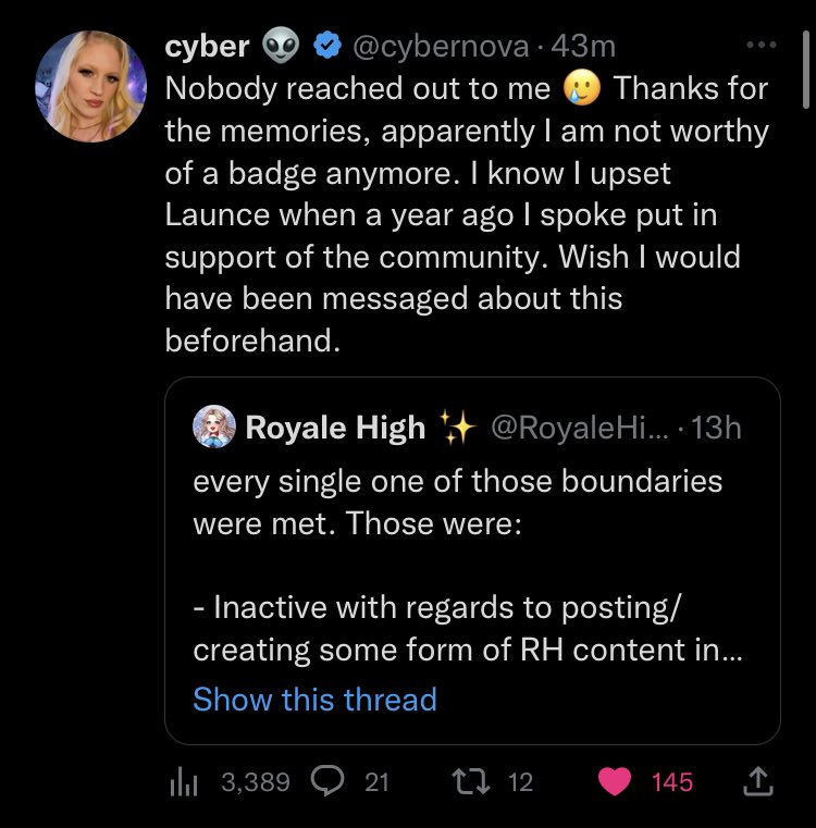 callmehsara_'s tweet photo. idc if she was inactive she literally helped the game when it has no players. 

She made everyone in this community enjoy rh, and even help small creators gets recognise and get their own badges too.

she was the most sweetest most cheerful person IK in this community https://t.co/tdeU5C72hl
