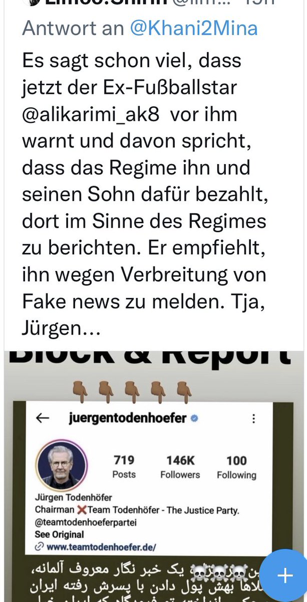 @RetiMac @Negushita @J_Todenhoefer Macht er wohl 🙄Du solltest dich mal lieber richtig über Todenhöfer u. seine Machenschaften informieren ! U.a. wie seine Iranreise , wo er sich v. den Mullahs hat kaufen lassen , um positiv zu berichten ! Beweis: Regimekritiker wird die Einreise in den Iran verboten !