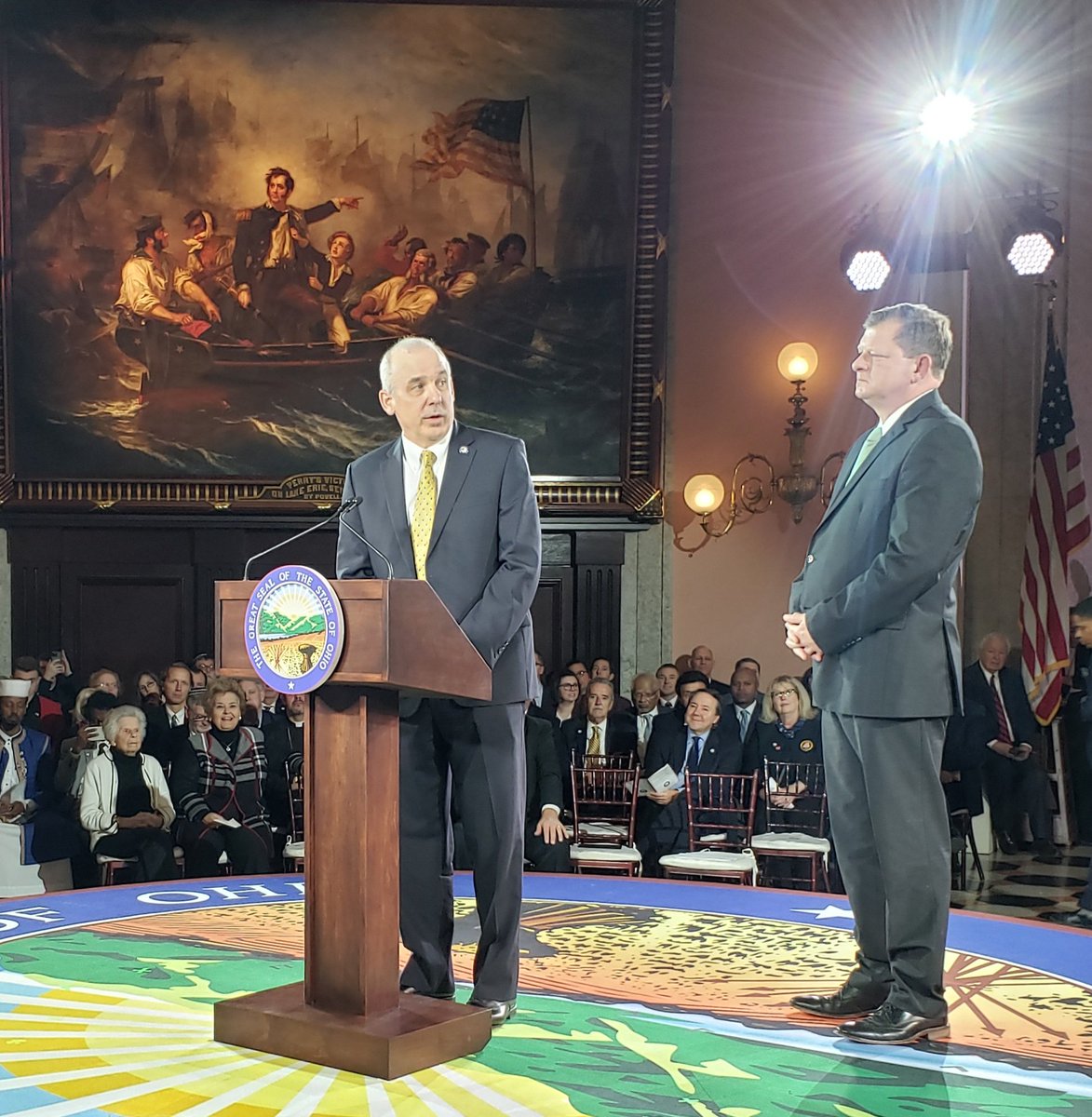 johnfortney's tweet photo. Welcoming the crowd gathered in the @OhioStatehouse rotunda, @OhioSenateGOP President @matthuffman1 and @OHRGOPCaucus Speaker @jasoncstephens kick off the #ohioinauguration of Governor @MikeDeWine.
Watch on https://t.co/ukS6TTmgdd. https://t.co/zStYJDZ9Ov