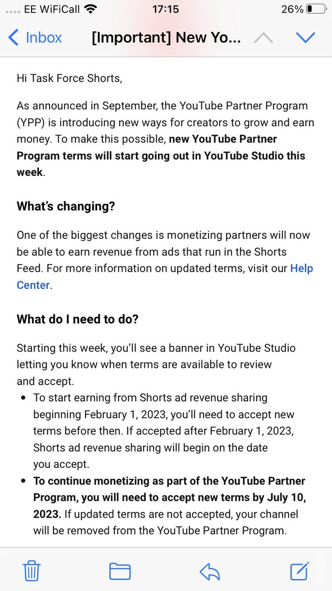 TaskForceGamin's tweet photo. New terms coming soon for monetisation on YouTube Shorts if you are in the Partner Programme. Great news get ready to accept the terms. ๐ด #shorts #youtube #youtubeshorts #youtubepartner #partnerprogramme https://t.co/O41nRdpt5p