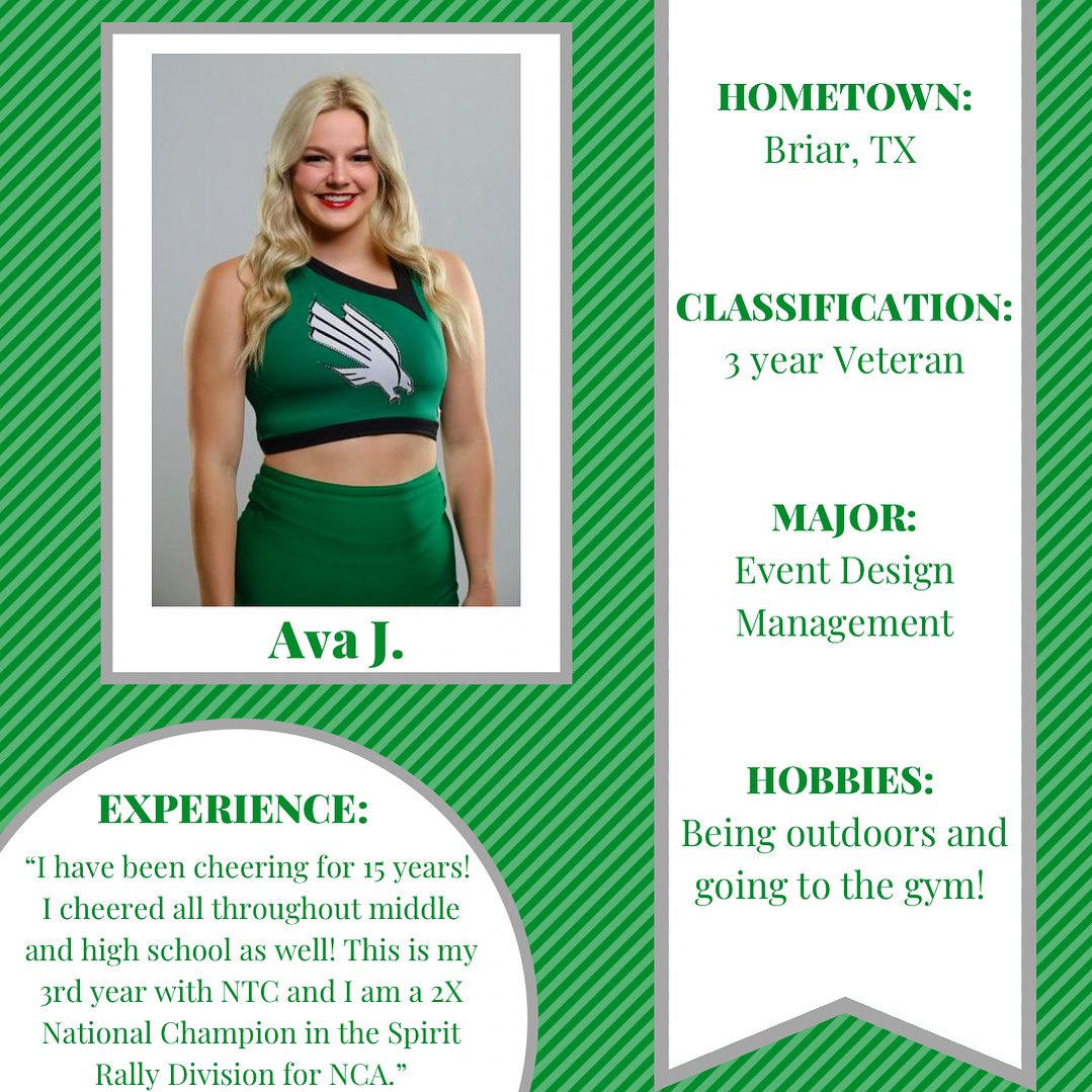 Northtxcheer's tweet photo. Meet the Mean Green Monday: Ava J.💚🦅 #gmg #nomercy #foentc https://t.co/IaLyjst60i
