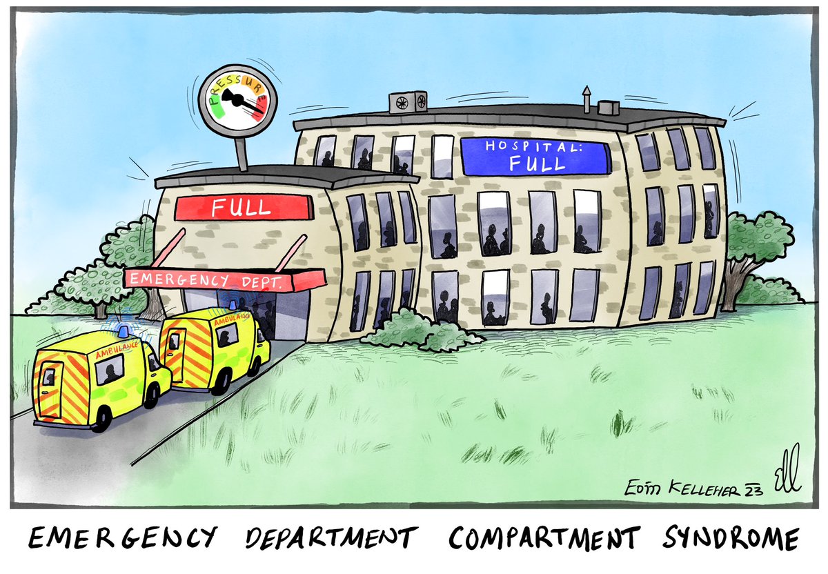EoinKr's tweet photo. Emergency Department Compartment Syndrome - ambulances full because ED is full, ED full because the wards are full, wards full because there’s no room in the community. Pressure rises and pain ensues!

My latest cartoon for @med_indonews #EDcrisis #healthcrisis #trolleycrisis https://t.co/CF3VnrV8ej